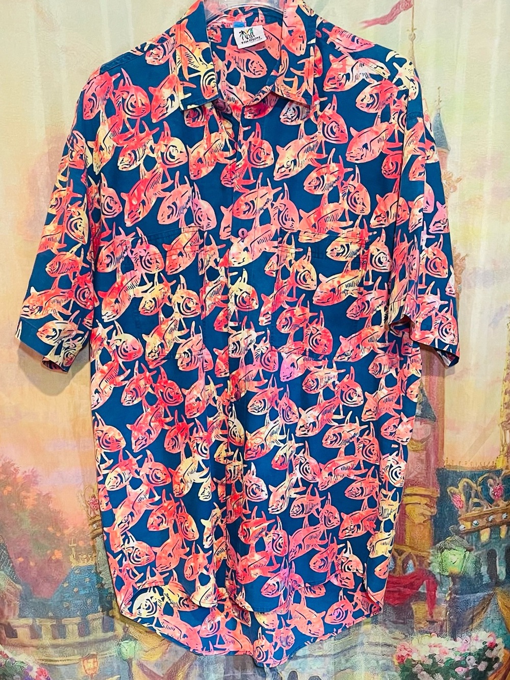 Rum Reggae Blue Red Hawaiian Shark Print Aloha Button Up